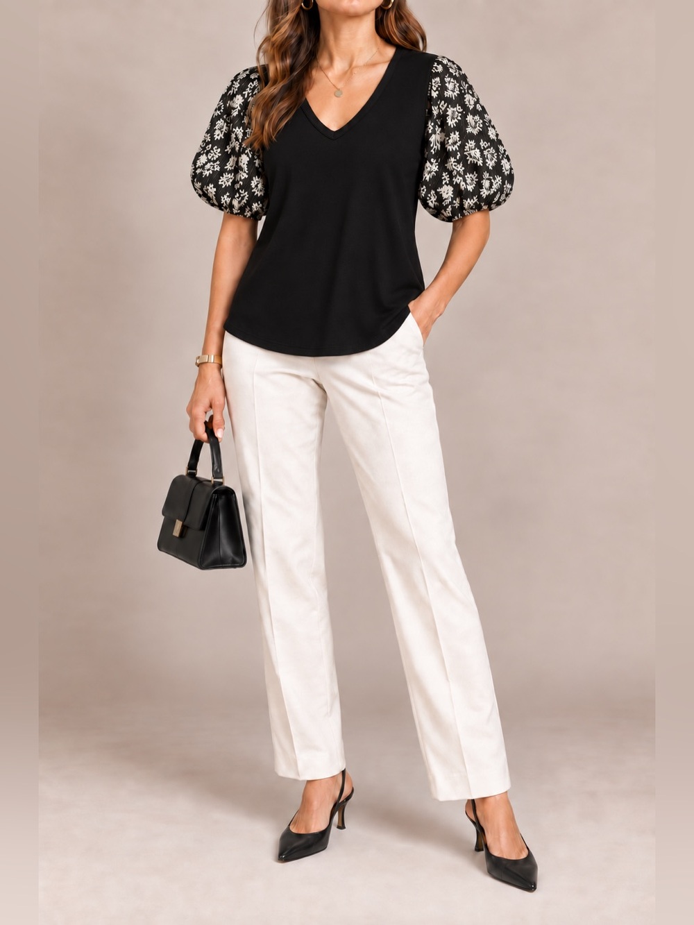Fifteen Twenty Black Floral Balloon Sleeve V-Neck Top Small